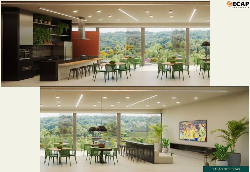 Imagem composta mostrando dois níveis de um moderno salão de festas do Le Grand Jardin, com cozinha gourmet, áreas de refeição/estar, e grandes janelas com vista para uma área verde.