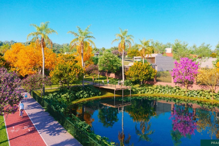 Vista externa e panorâmica da Praça Monet do Le Grand Jardin, com um lago de reflexão, deck de madeira, palmeiras, vegetação colorida e uma pista de caminhada/ciclovia vermelha.
