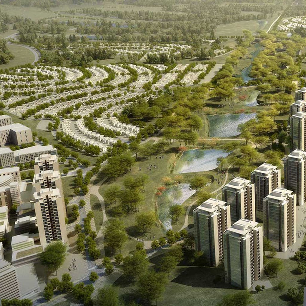 Planta conceitual da Cidade Alpha Planalto Central, mostrando a integração entre área residencial, torres e mais de 542 mil m² de áreas verdes