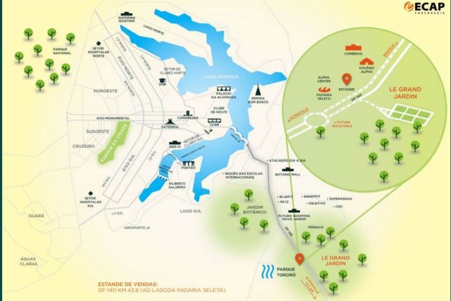 Mapa de localização do Le Grand Jardin em Brasília, destacando vias de acesso, comércios, escolas e pontos de referência próximos.