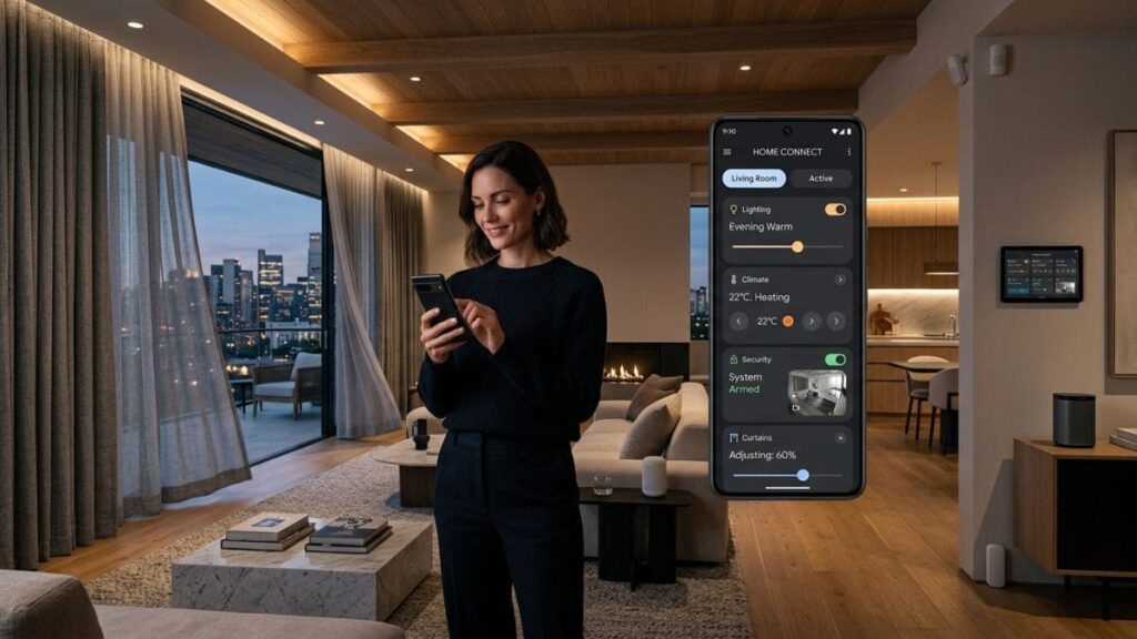 Demonstração prática de O que é Casa Inteligente com uma mulher sorrindo enquanto usa um smartphone para controlar a iluminação, climatização e segurança de uma sala de estar moderna e integrada.