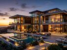 Uma mansão de luxo com arquitetura moderna e minimalista situada em um penhasco à beira-mar durante o pôr do sol. A residência apresenta grandes fachadas de vidro, múltiplos níveis com terraços e iluminação LED integrada quente que destaca as linhas da construção. Há uma piscina de borda infinita em primeiro plano, refletindo as luzes da casa, e uma área de estar externa com lareira. O cenário exemplifica o conceito de Casa Inteligente integrada à natureza e ao design de alto padrão.