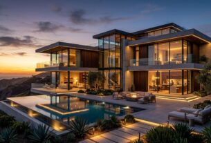 Uma mansão de luxo com arquitetura moderna e minimalista situada em um penhasco à beira-mar durante o pôr do sol. A residência apresenta grandes fachadas de vidro, múltiplos níveis com terraços e iluminação LED integrada quente que destaca as linhas da construção. Há uma piscina de borda infinita em primeiro plano, refletindo as luzes da casa, e uma área de estar externa com lareira. O cenário exemplifica o conceito de Casa Inteligente integrada à natureza e ao design de alto padrão.