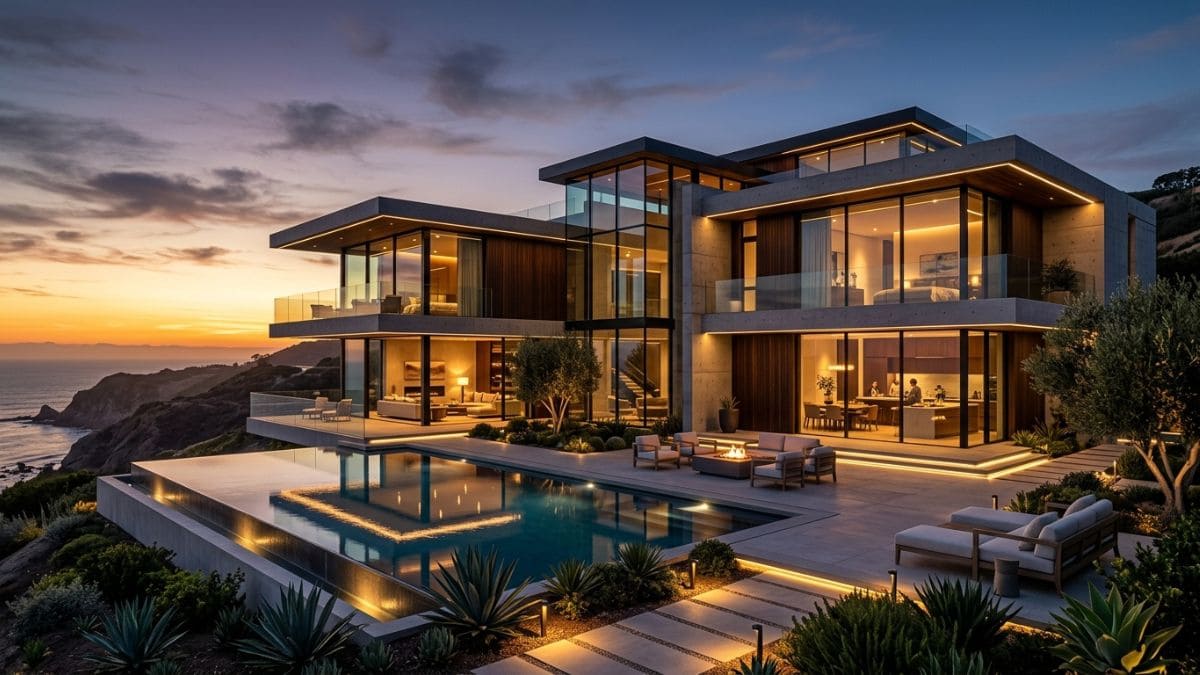 Uma mansão de luxo com arquitetura moderna e minimalista situada em um penhasco à beira-mar durante o pôr do sol. A residência apresenta grandes fachadas de vidro, múltiplos níveis com terraços e iluminação LED integrada quente que destaca as linhas da construção. Há uma piscina de borda infinita em primeiro plano, refletindo as luzes da casa, e uma área de estar externa com lareira. O cenário exemplifica o conceito de Casa Inteligente integrada à natureza e ao design de alto padrão.