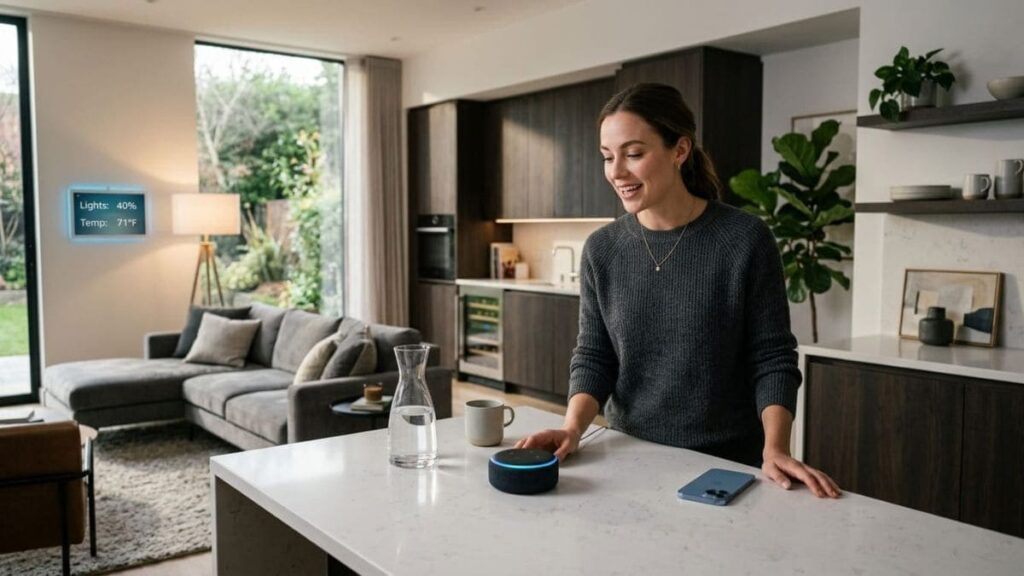 Demonstração prática de O que é Casa Inteligente através de uma mulher na cozinha interagindo com um alto-falante inteligente cilíndrico aceso em azul sobre a bancada, em uma sala integrada moderna.
