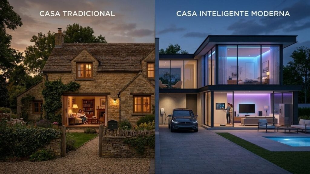 Comparação visual de O que é Casa Inteligente, mostrando à esquerda uma casa rústica tradicional de pedra e à direita uma residência moderna com automação, iluminação inteligente colorida e um carro elétrico carregando na garagem.