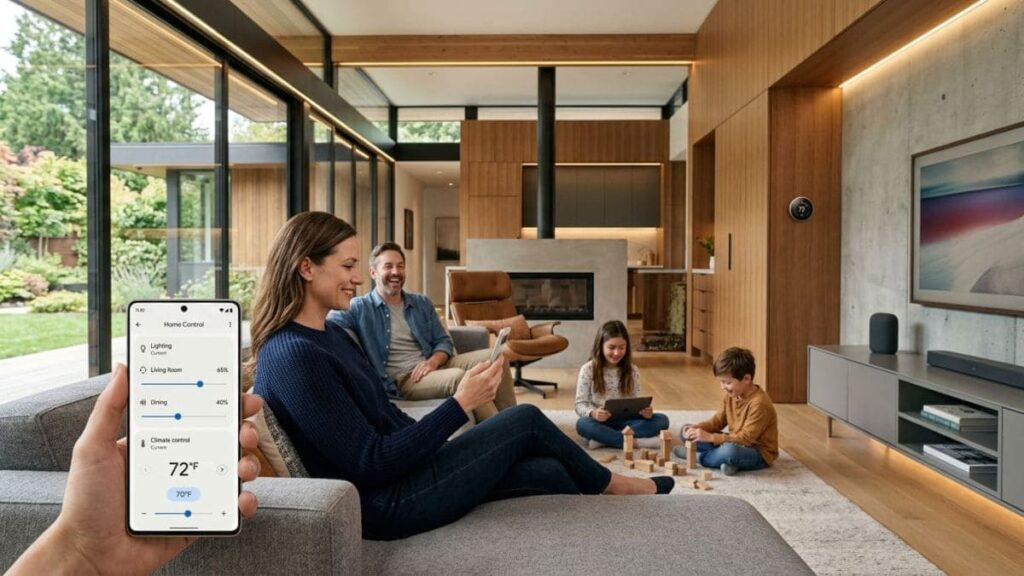 Painel de controle de parede interativo, smartphone com aplicativo de automação e interface de TV exibindo o menu 