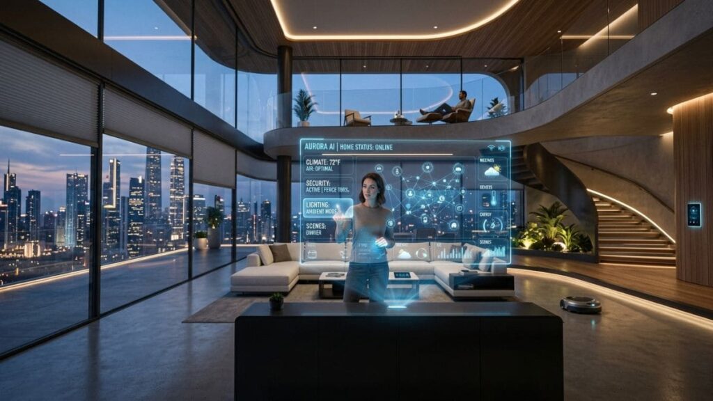 Demonstração avançada de O que é Casa Inteligente através de uma mulher interagindo com um painel holográfico flutuante tridimensional na sala de estar de uma mansão tecnológica de alto padrão à noite.