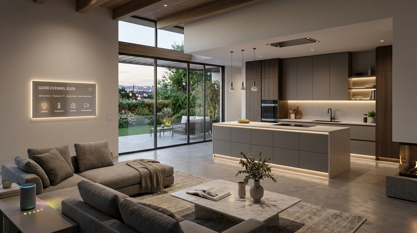 O que é casa inteligente em ambiente moderno com automação residencial integrada na sala e cozinha sofisticadas