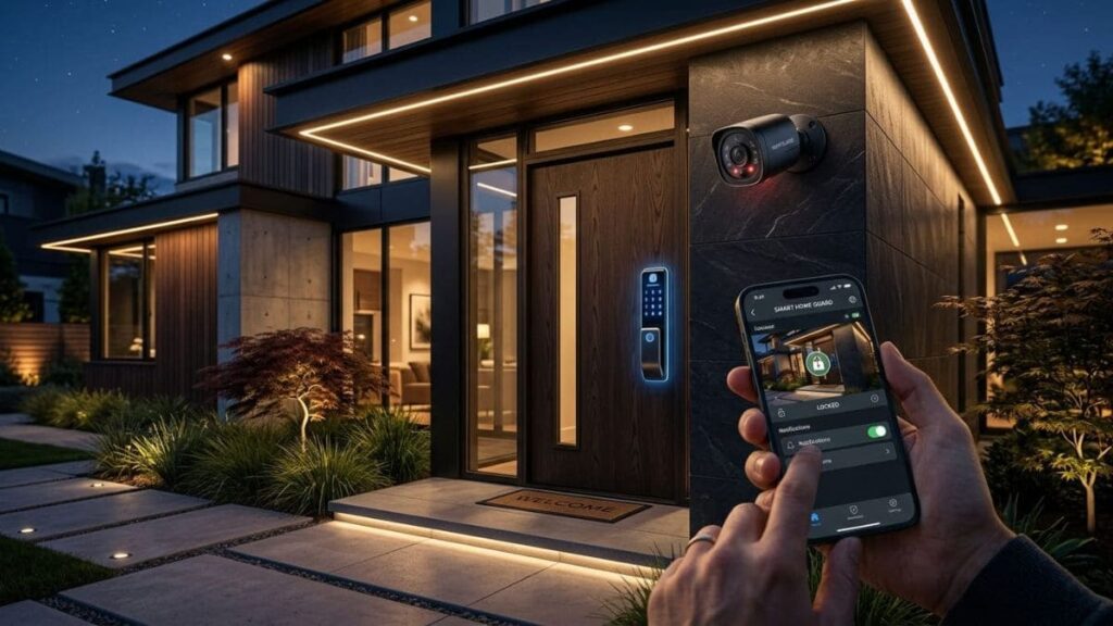 Demonstração prática de O que é Casa Inteligente com foco em segurança, mostrando mãos que seguram um smartphone para monitorar uma câmera externa e uma fechadura eletrônica na entrada de uma residência moderna à noite.